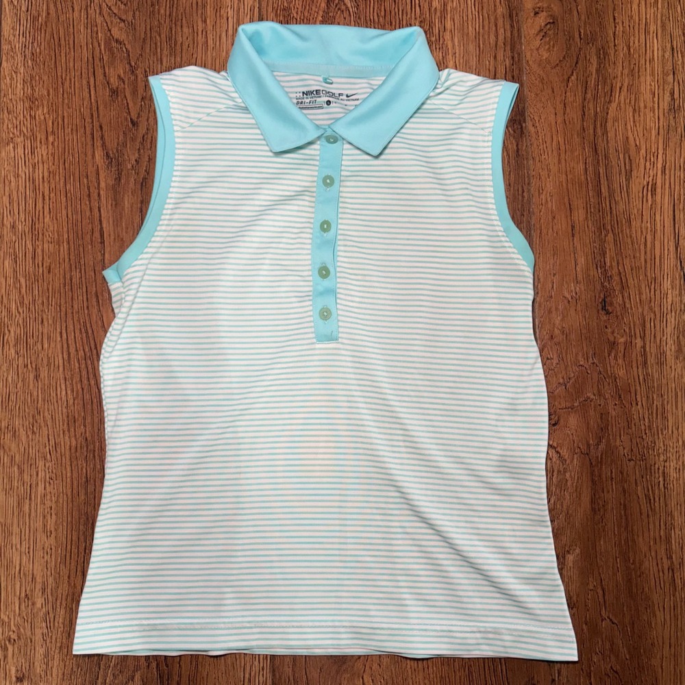 Nike Golf Dri-FIT Sleeveless Polo Shirt Womens Small Blue White Striped Top